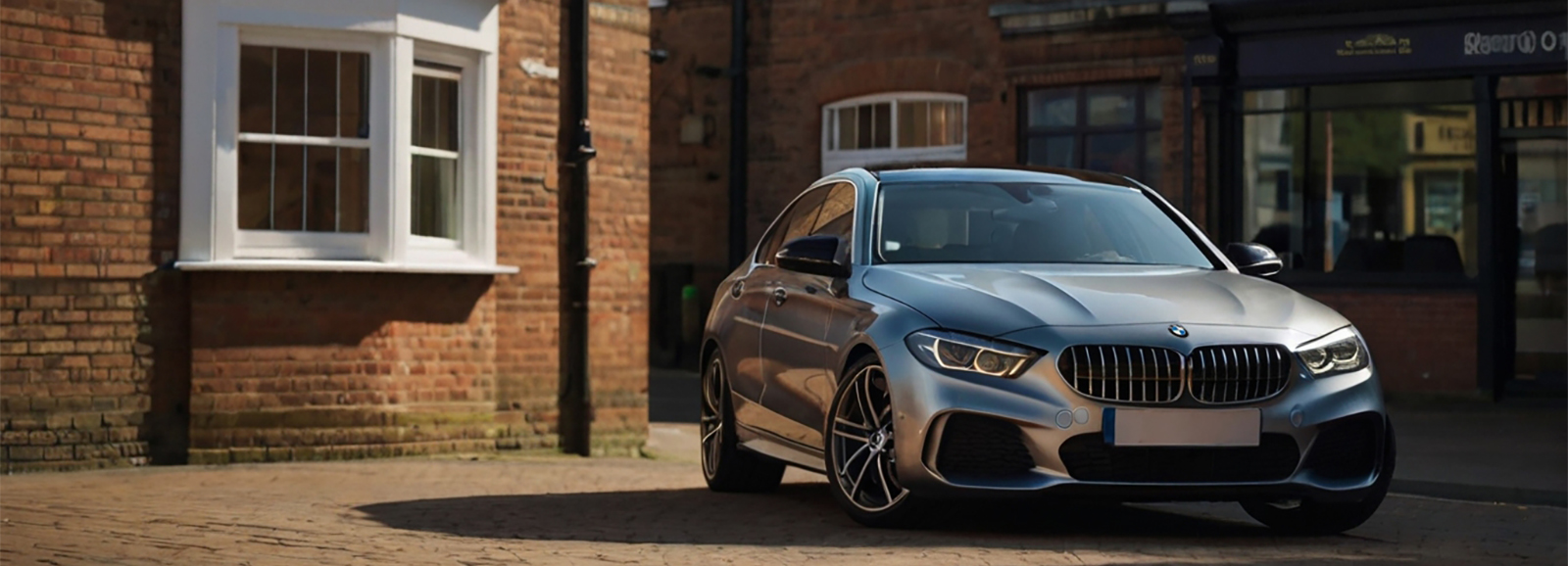 A sleek and sporty BMW Luxury Car parked in front of a brick building